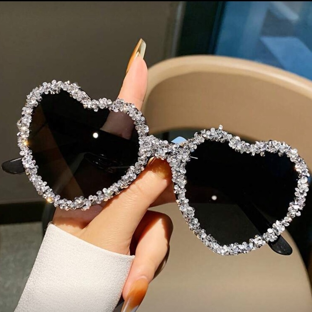 Heart-Shaped Crystal Sunglasses - Black and Silver